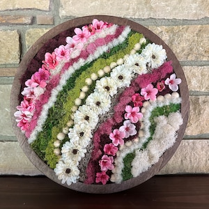 Moss Wall Art with Floral elements, Indoor Moss Wall hanging, Handmade Preserved Moss with faux Floral, Moss art for wall or mantle