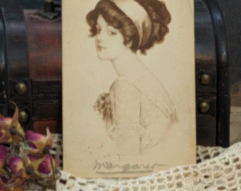 Beautiful  Victorian Woman  Postcard | Fashion Illustration | Hand Written Postcard | Antique Ephemera | Margaret | Mystery  | Collectible