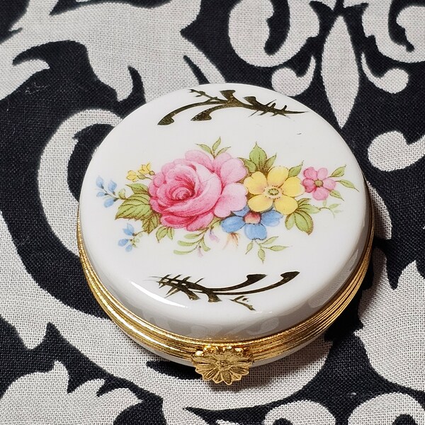 Rose Floral Pill Trinket Box Limoge France | Mom Mother's Day Gift | Decorative Keepsake Hinged Cottagecore Designs Roses Strawberry Violets