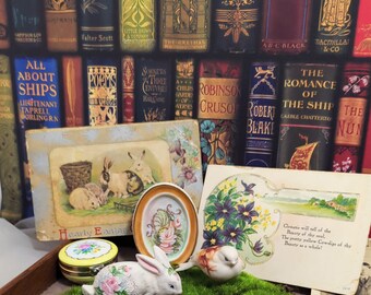 Spring Vintage Miniature Collection | Porcelain Figurines | Old Postcards | knickknack Lover | Bunny | Tiny Bird | Grandmacore | Trinket Box