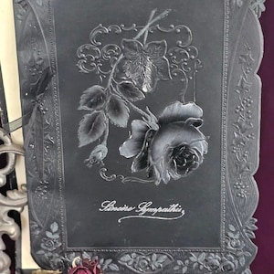 Large Black Ornately Embossed Roses Sincerest Sympathy Card w Mourning Stationery Envelope | Prayer Card |Memento Mori | Funeral Victorian