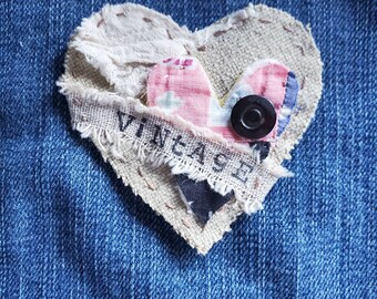 Vintage heart brooch crafted pin Mom gift handmade vintage assemblage jewelry valentines pin antique pin fabric heart cutter quilt remnant