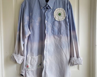 Womens OOAK upcycled Lg blouse long button shirt embellished vintage doilies embroidery pocket Gardener Shirt bleached dip dyed gift for Mom