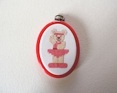 Ballerina Teddy Picture In Cross Stitch.  In Red Hoop Frame.  CLEARANCE SALE