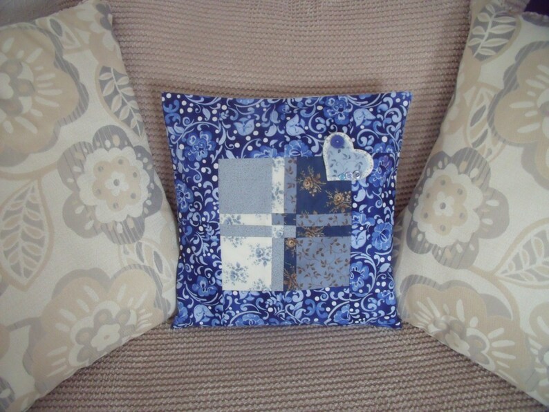 Handmade Includes Heart Pin On Brooch 15 Inch Pillow Cover Patchwork Cushion Cover. Blue Cushion Cover