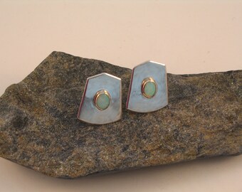 Sterling Silver 14 Karat Gold Bezel Opal Cabochon Clip Shield Earrings