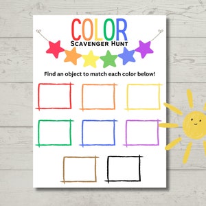 Actividad fácil para niños: búsqueda del tesoro de colores para preescolar o jardín de infantes. Primavera. Juego de combinación de colores para usar en el aula interior o exterior.