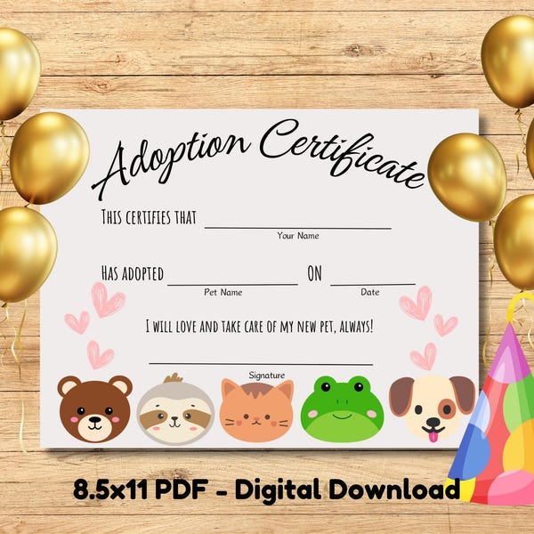 Stuffed Animal Adoption Certificate - Etsy
