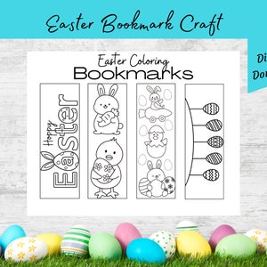 May include: Black and white printable Easter bookmark craft with coloring pages featuring bunnies, chicks, and eggs. The title reads "Easter Coloring Bookmarks" and "Digital Download".