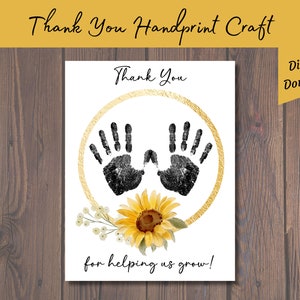 Tarjeta de agradecimiento para niños por ayudarnos a crecer con forma de girasol: regalo de agradecimiento de un bebé, un niño pequeño, una guardería, un preescolar o un niño.