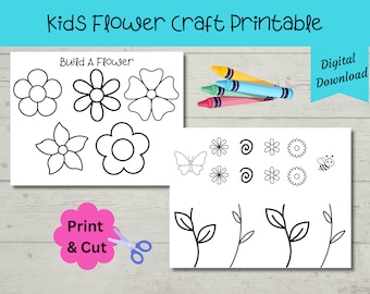 Kids Flower Craft Spring Printable Build a flower - Preschool Paper Craft Activity - Flower Coloring Page Color and Cut Digital Download