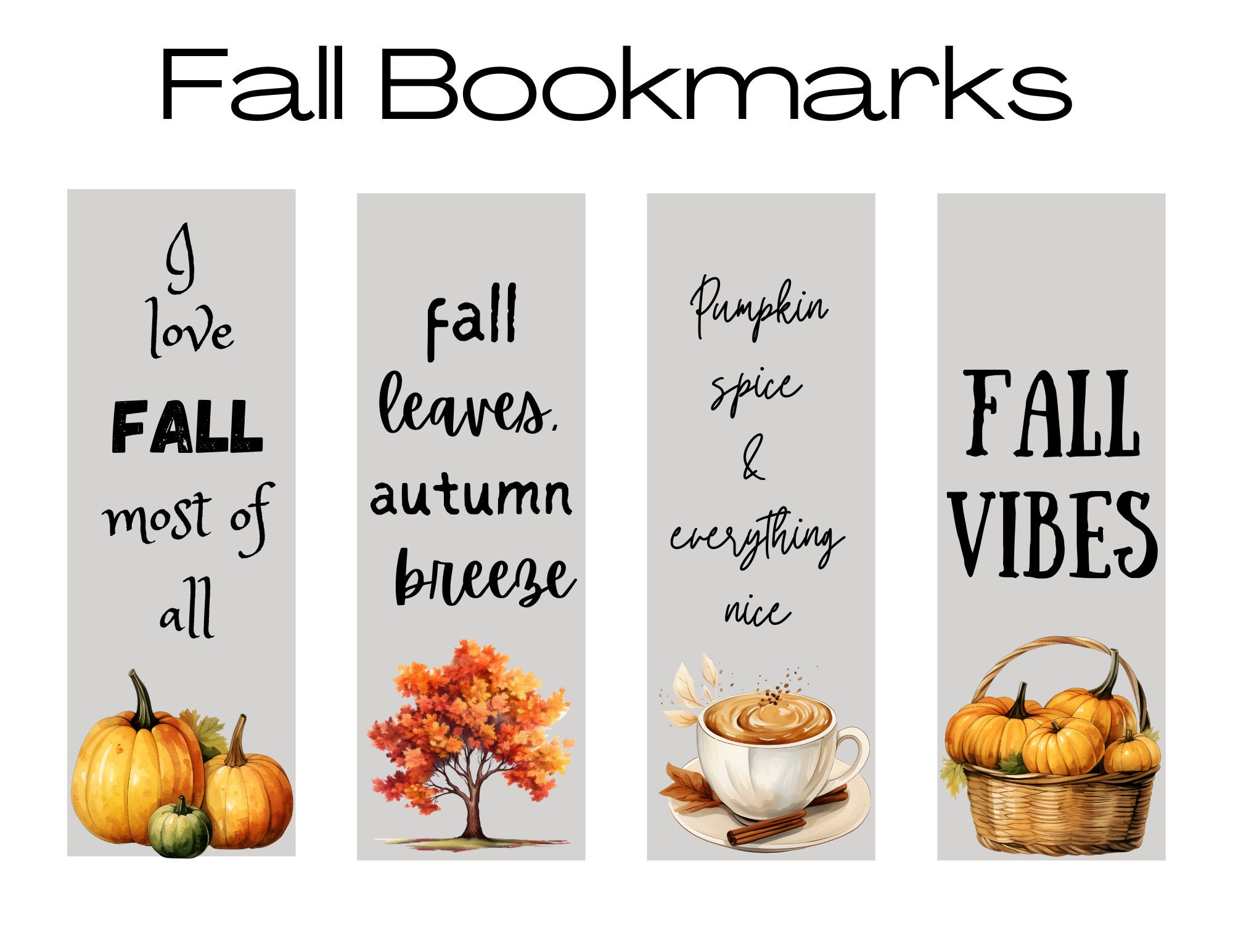 Fall Autumn Printable Bookmarks - Set of 4 Cute Bookmarks - Harvest ...
