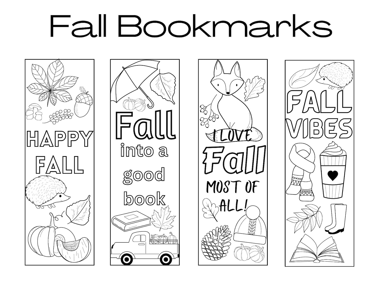 Printable Coloring Fall Bookmarks - Set of 4 Cute Bookmarks - Students ...