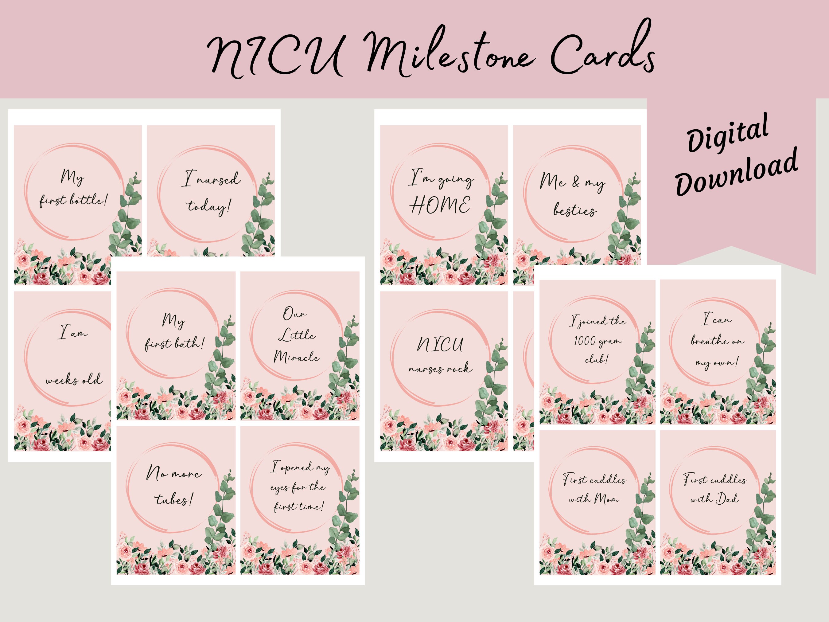 NICU Baby Girl Milestone Printable Cards for NICU Parents Preemie Baby ...