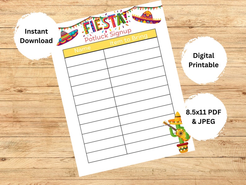 Potluck Signup Sheet Printable for Office Group Party | Fiesta Theme ...