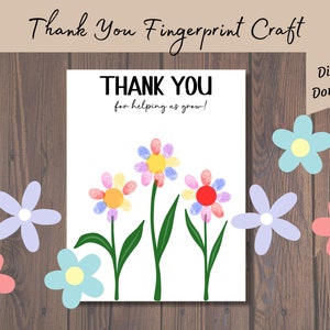 Tarjeta de agradecimiento para el maestro, letrero de agradecimiento de la clase, agregue huellas dactilares para un obsequio fácil para el personal infantil, actividad de artesanía con flores de agradecimiento imprimible
