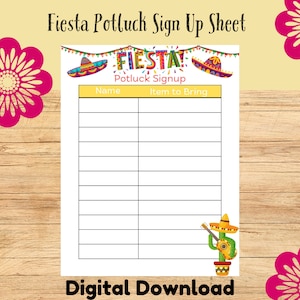 Puede incluir: Hoja de inscripción para un potluck de Fiesta con un sombrero colorido y la palabra "Fiesta" en una pancarta. La hoja tiene columnas para "Nombre" y "Artículo para traer".
