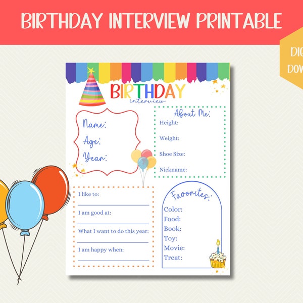 Kids Birthday Interview - All About Me Kids Questions Printable | Yearly Birthday Questions | Boy or Girl Birthday Memory Keepsake Download