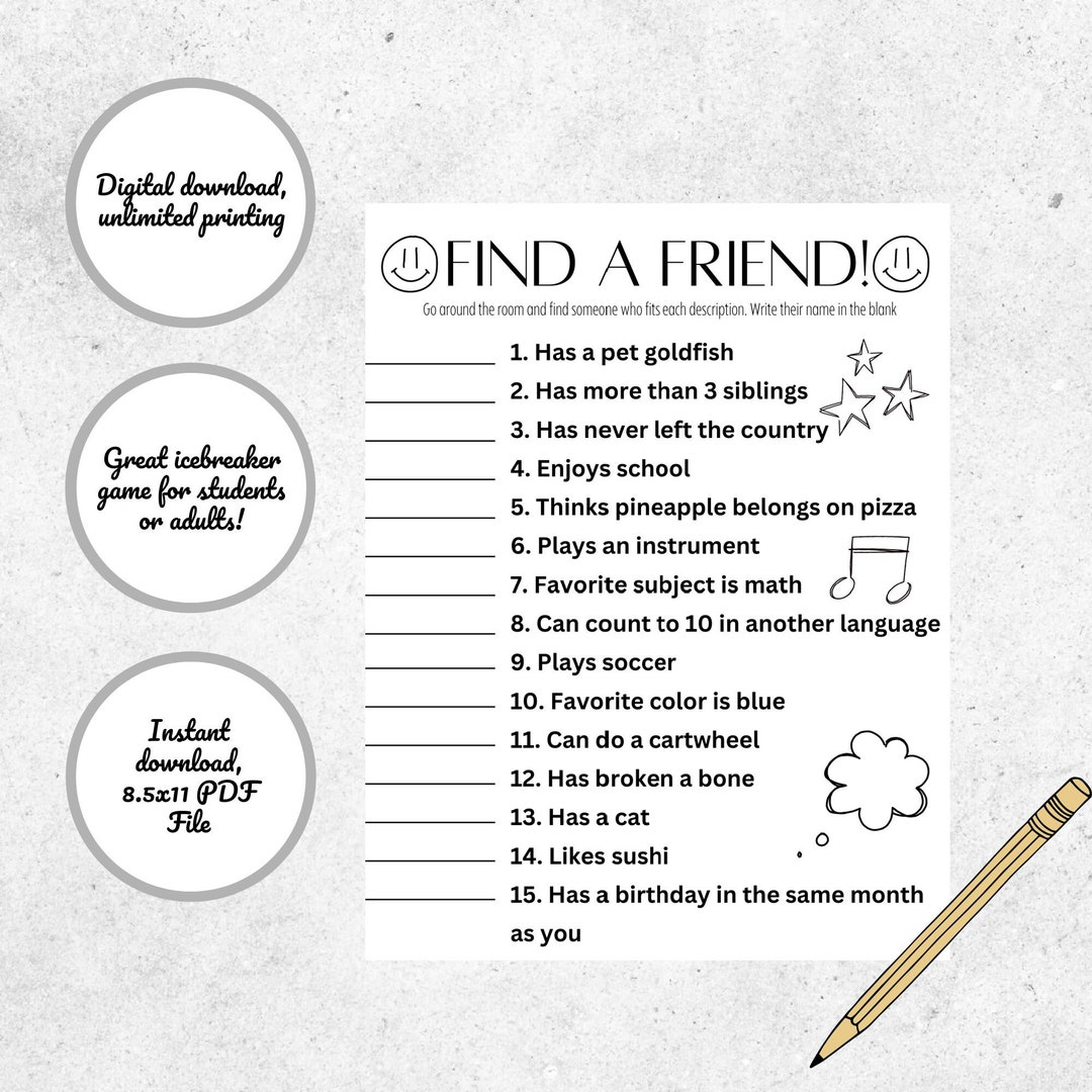 Ice Breaker Group Game Printable Find a Friend Youth Group Classroom Club Game Encourages Kids or Adults to Get to Know Others Etsy