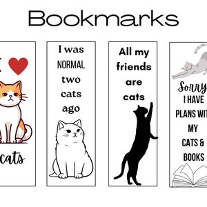 Cat Bookmark Printable Set of 4 Gift idea for Readers Cat Lover or Funny Cat Lady Digital Download 2x6 Gift for Mom, Gift for Teacher, Tween