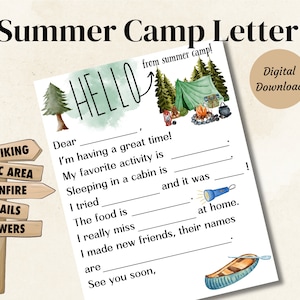 Carta imprimible de campamento de verano para niños, Nota imprimible de campamento para niños, Carta de Camper para el hogar, Completar la descarga digital en blanco 8,5 x 11