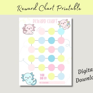 Puede incluir: Un gráfico de recompensas imprimible con un diseño de ajolote. El gráfico tiene una cuadrícula de círculos con un camino a seguir. El texto "Reward Chart" está en la parte superior del gráfico. El texto "You Did It!" está en la parte inferior del gráfico. El texto "My Reward" está debajo del texto "You Did It!"
