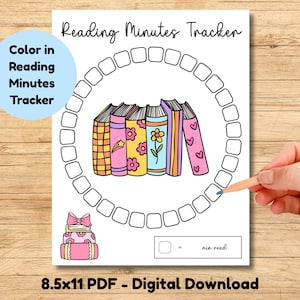 May include: A printable reading minutes tracker with a circle of boxes and a stack of books. The books are decorated with flowers, stars, and hearts. The text "Reading Minutes Tracker" is at the top, and "Color in Reading Minutes Tracker" is in a blue circle.