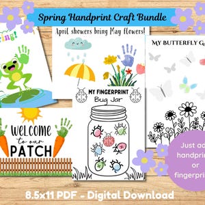 Op de afbeelding: Een verzameling printbare handafdruk sjablonen met lentethema. Ontwerpen omvatten een kikker, paraplu, bloemen, vlinders en een insectenpot. De tekst bevat "Hopping into Spring!", "April showers bring May flowers!" en "Welcome to our patch".