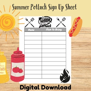 Puede incluir: Hoja de registro para un potluck de verano con temática de barbacoa. La hoja tiene una sección para los nombres y una sección para los artículos que se deben traer. El diseño incluye un sol, un hot dog, botellas de mostaza y ketchup, y una parrilla con utensilios cruzados.