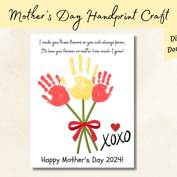 Mother's Day Kids Handprint Craft Printable bouquet Gift for Mom Keepsake Hand print Art Preschool Toddler Daycare Kids Craft