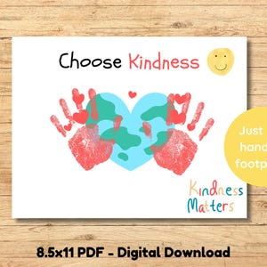 May include: Printable 8.5x11 inch PDF download with a blue heart and two red handprints. The text says "Choose Kindness" and "Kindness Matters".