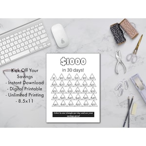 30 Day Savings Plan Printable Tracker Challenge, Save 1000 minimal printable page debt challenge color in chart, Digital Download - 8.5x11