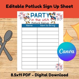 May include: An editable potluck sign up sheet with the text Party in the USA Potluck Signup. The document features two cartoon ducks, red and blue fireworks, and a table with columns for Name and Item to Bring. It is a 21.59x27.94 cm PDF digital download.