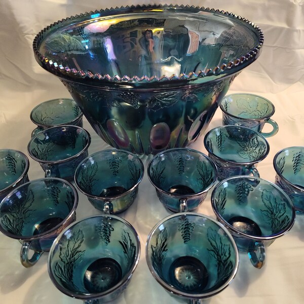 Indiana Princess Blue Harvest Grape Punch Bowl with 12 Cups, Iridescent