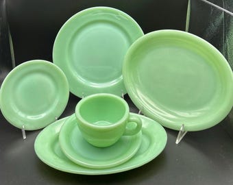 Jadite Restaurant ware Cup w/ Saucer, B&B, 9&quot; Plate, Vase