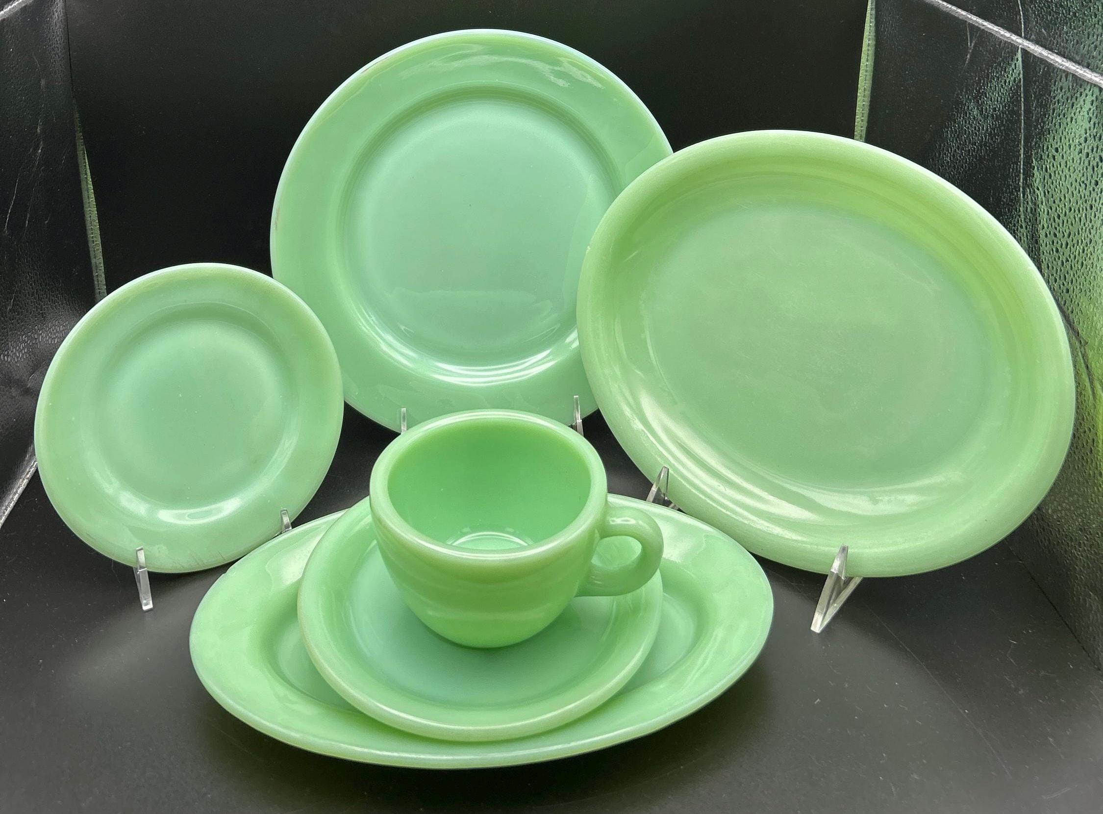 Jadite Restaurant ware Cup w/ Saucer, B&B, 9" Plate, Vase