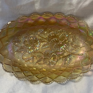 Imperial Carnival Glass Oval Pickle Dish - Pansy Pattern