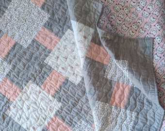 Little Kitties Quilt, gray and pink quilt, geometric quilt, modern quilt, lap quilt, throw quilt, baby quilt, patchwork quilt, cat quilt