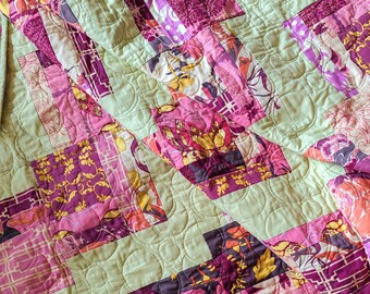 Modern Rail Fence Quilt, lime and pink quilt, geometric quilt, contemporary quilt, lap quilt, throw quilt