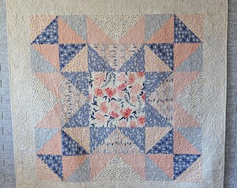 Modern Star quilt, pink and blue quilt, floral quilt, contemporary quilt, lap quilt, throw quilt