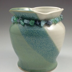 Sea blue-green and Ivory colored vase with crackled glass beads