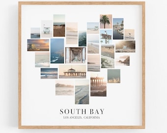May include: A collage of photos in a heart shape, featuring various scenes of the South Bay in Los Angeles, California. The photos include the beach, the pier, and the ocean.