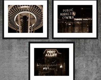 Black and White Seattle Photography, Seattle Print Set Gallery Wall City Wall Art City Prints Pike Place Sepia Downtown Seattle 3 Photo Set