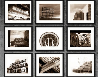 Seattle Photography, SALE,  Seattle Print Set Gallery Wall City Wall Art City Prints Pike Place Sepia Black and White Downtown Seattle Photo