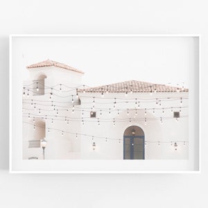 La Quinta Photography, Mediterranean Style Art Print, Spanish Architecture Wall Art Print California City White Building Party Lights