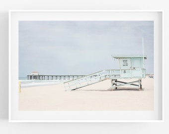 Manhattan Beach Photography Lifeguard Tower Pier South Bay California Photo Print Blue Seascape Ocean Landscape Los Angeles Coastal Pastel