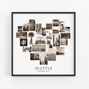 Seattle Print, Personalized Holiday Gift Black and White Seattle Photography Landmarks Photo Collage City Poster Customizable Wall Art Decor