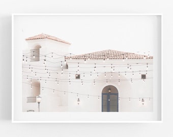 La Quinta Photography, Mediterranean Style Art Print, Spanish Architecture Wall Art Print California City White Building Party Lights