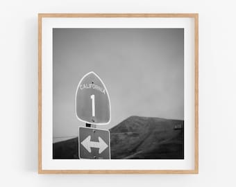 California 1 Black and White Photography Modern Art Print PCH CA1 Highway 1 Road Sign Pacific Coast local gift Central Coast Framed Print