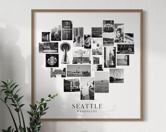 Seattle Print, Personalized Holiday Gift Black and White Seattle Photography Landmarks Photo Collage City Poster Customizable Wall Art Decor